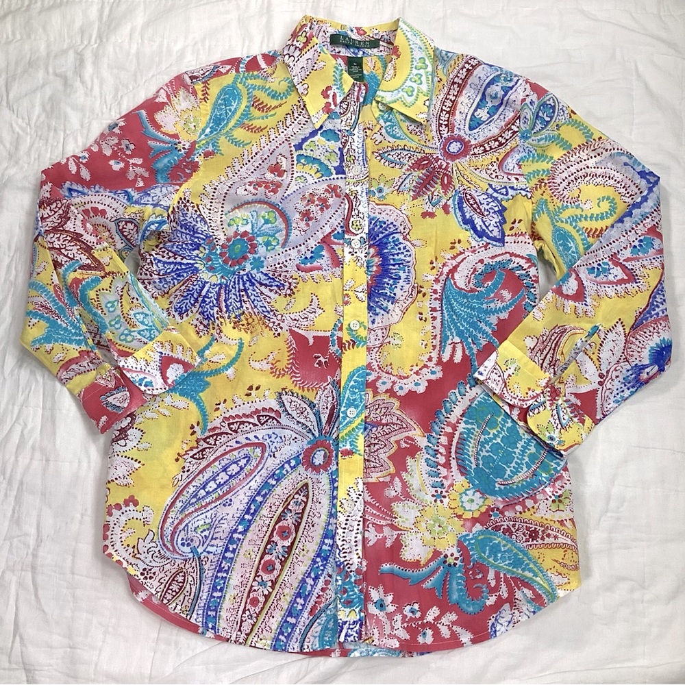 Lauren Ralph Lauren LRL Bright Multicolor Paisley 3/4 Sleeve Button Up Shirt